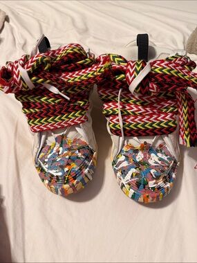White Sneakers with Multicolor Paint-Splash Toe and Red-Yellow-Black Laces